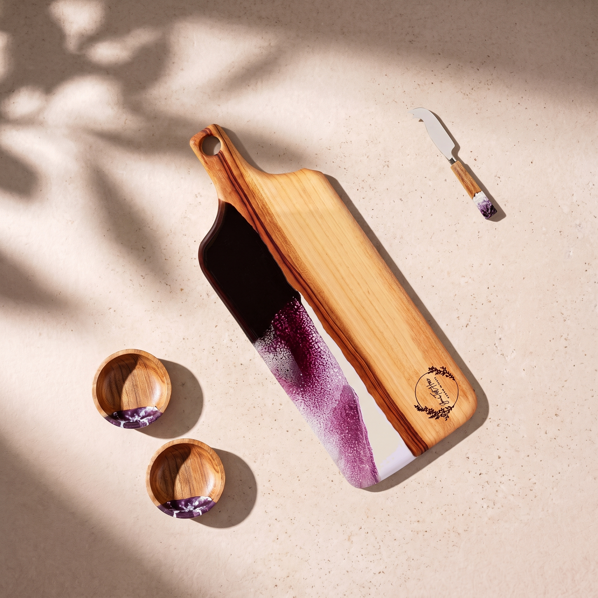 The Ultimate Gift Bundle in Lilac - Flat lay of the board, two bowls and the knife