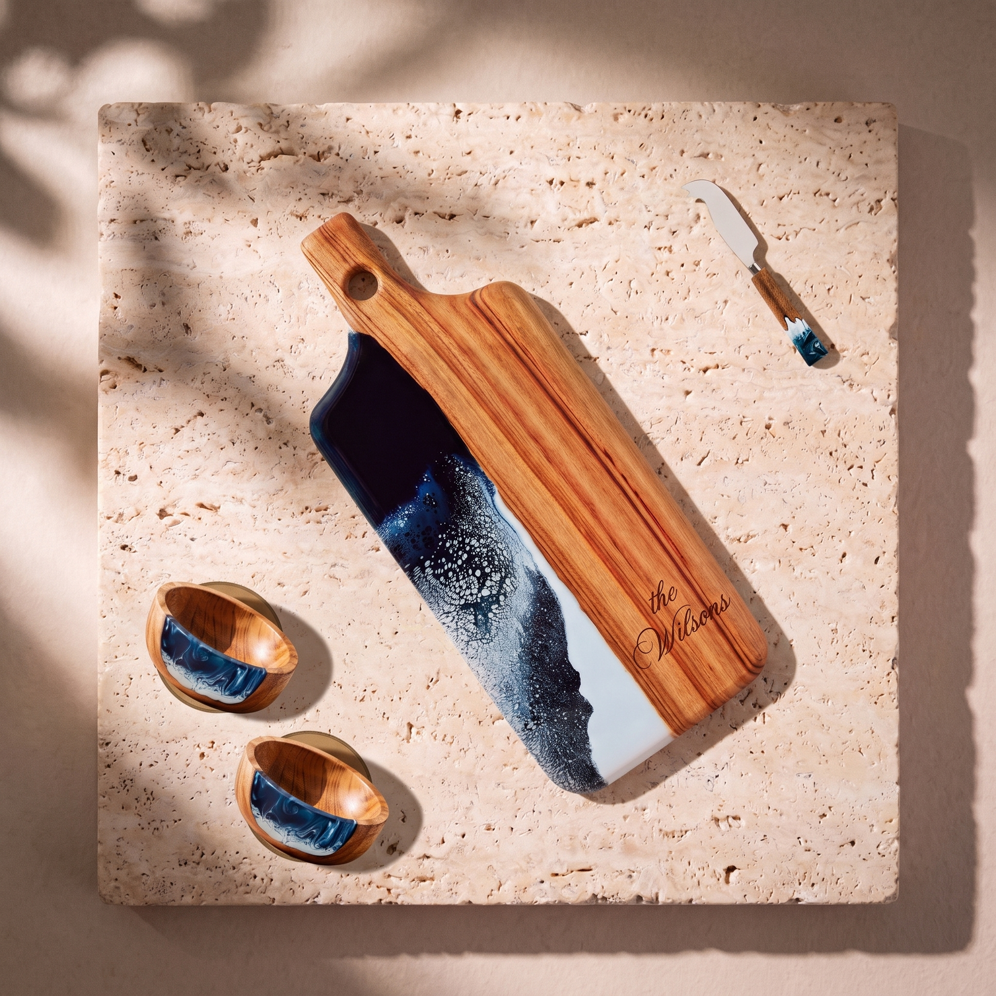 The Ultimate Gift Bundle in Prussian Blue - Flat lay of the board, two bowls and the knife