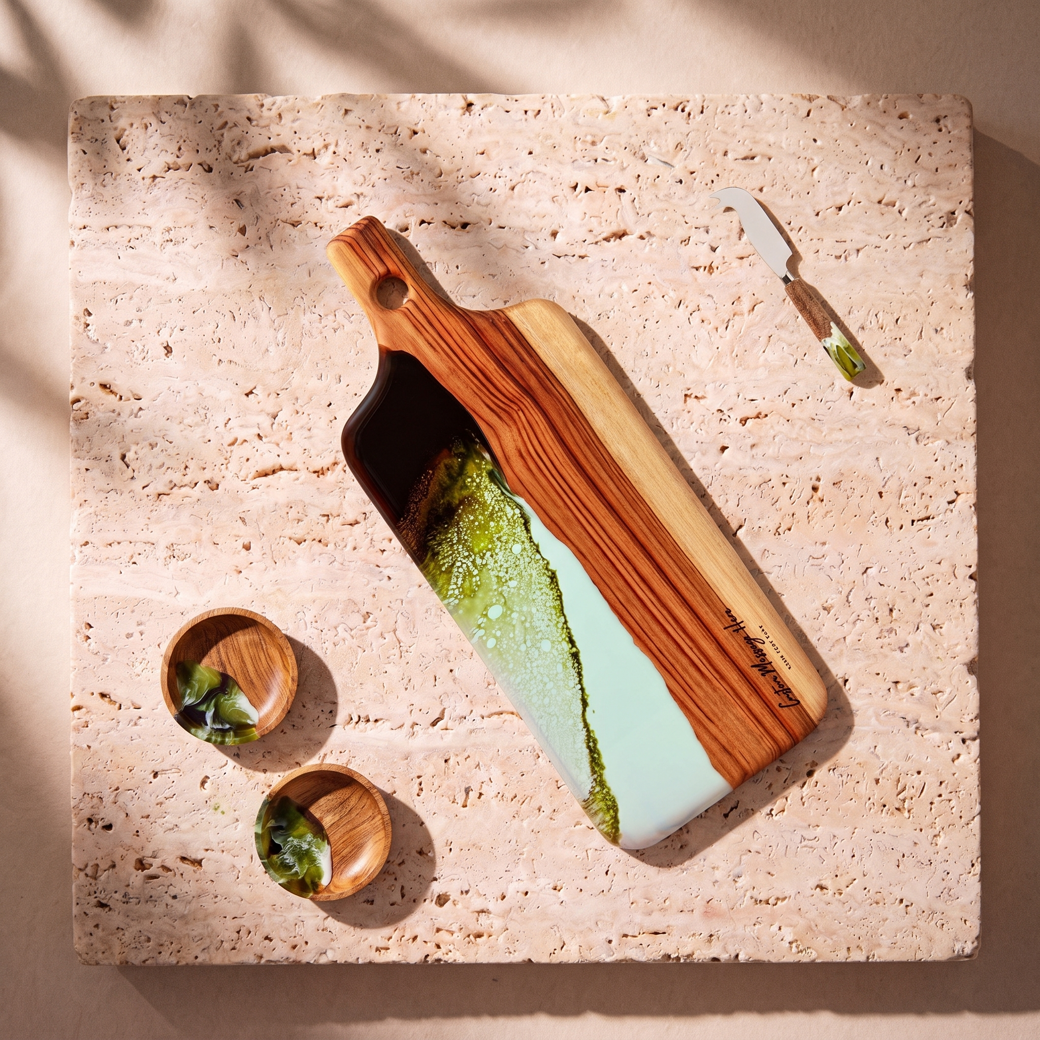 The Ultimate Gift Bundle in Sage Green - Flat lay of the board, two bowls and the knife