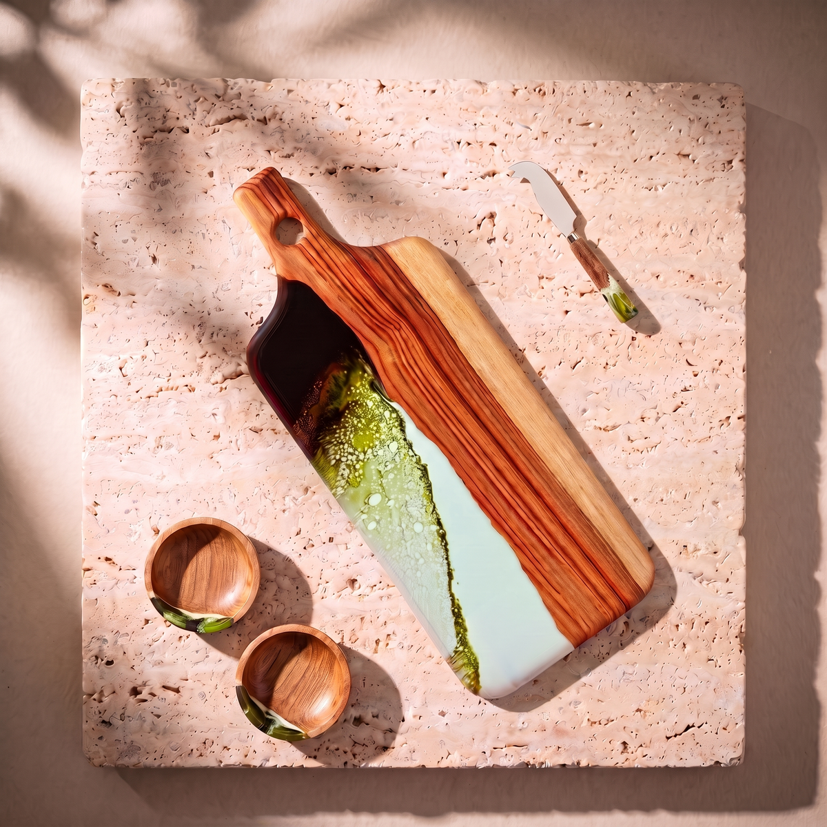 The Ultimate Gift Bundle in Sage Green - Flat lay of the board, two bowls and the knife