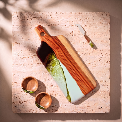 The Ultimate Gift Bundle in Sage Green - Flat lay of the board, two bowls and the knife