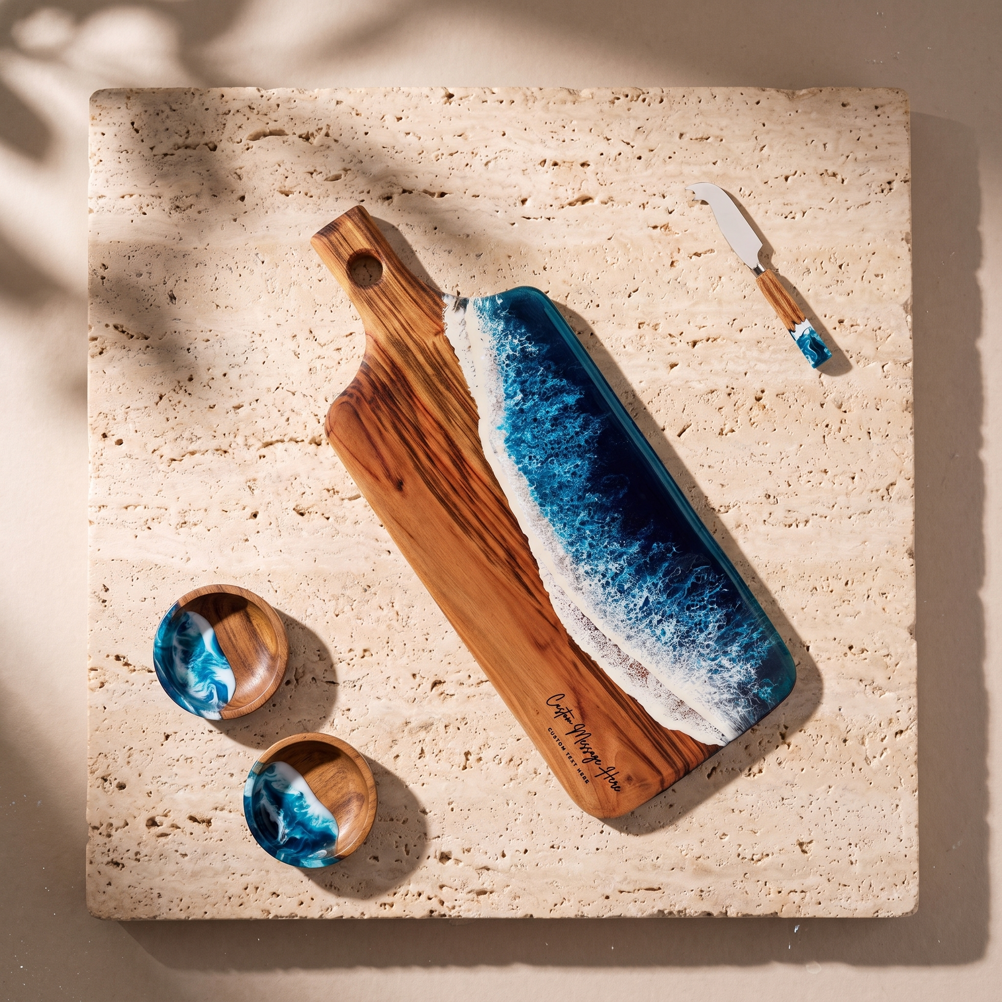 The Ultimate Gift Bundle in Seascape - Flat lay of the board, two bowls and the knife