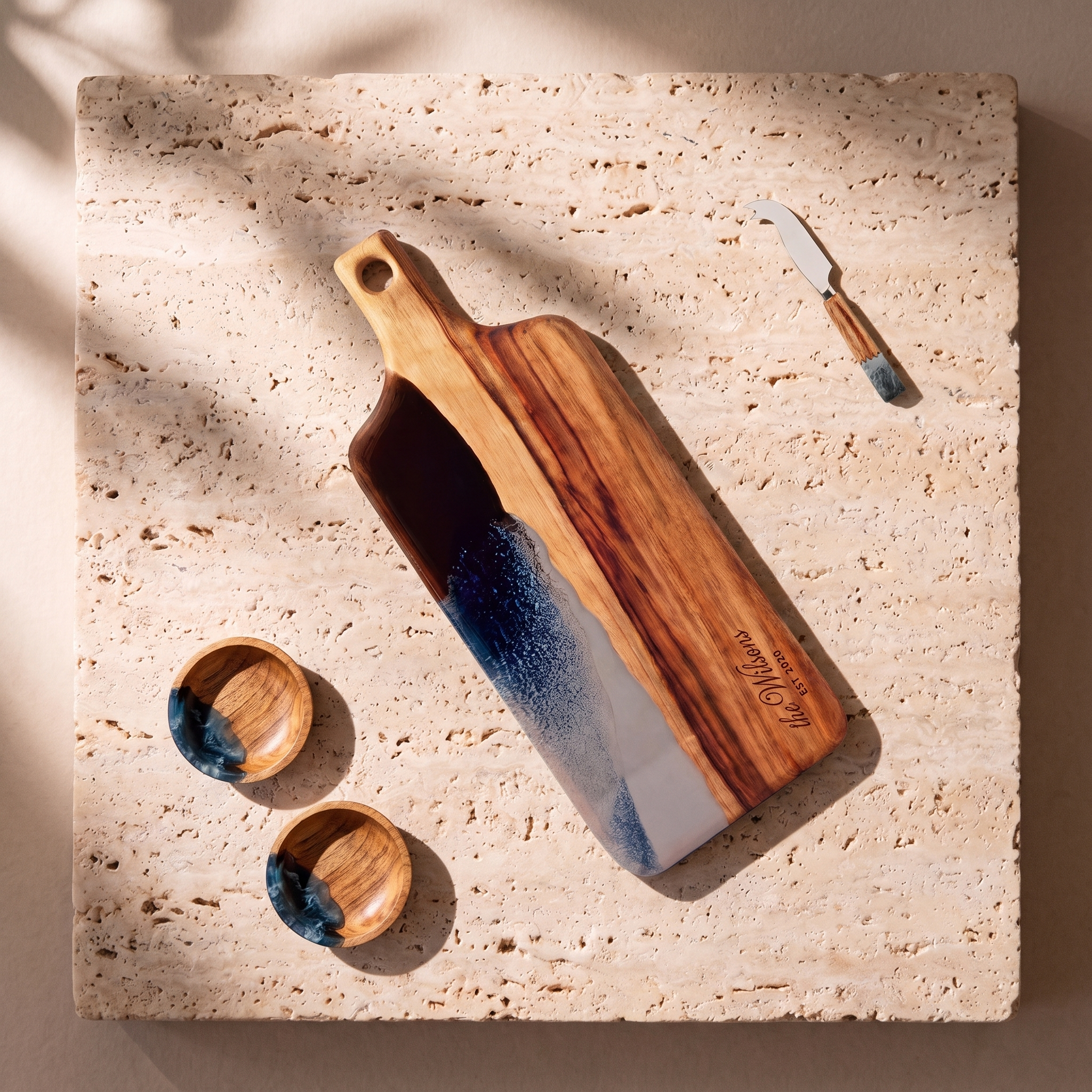 The Ultimate Gift Bundle in Slate - Flat lay of the board, two bowls and the knife