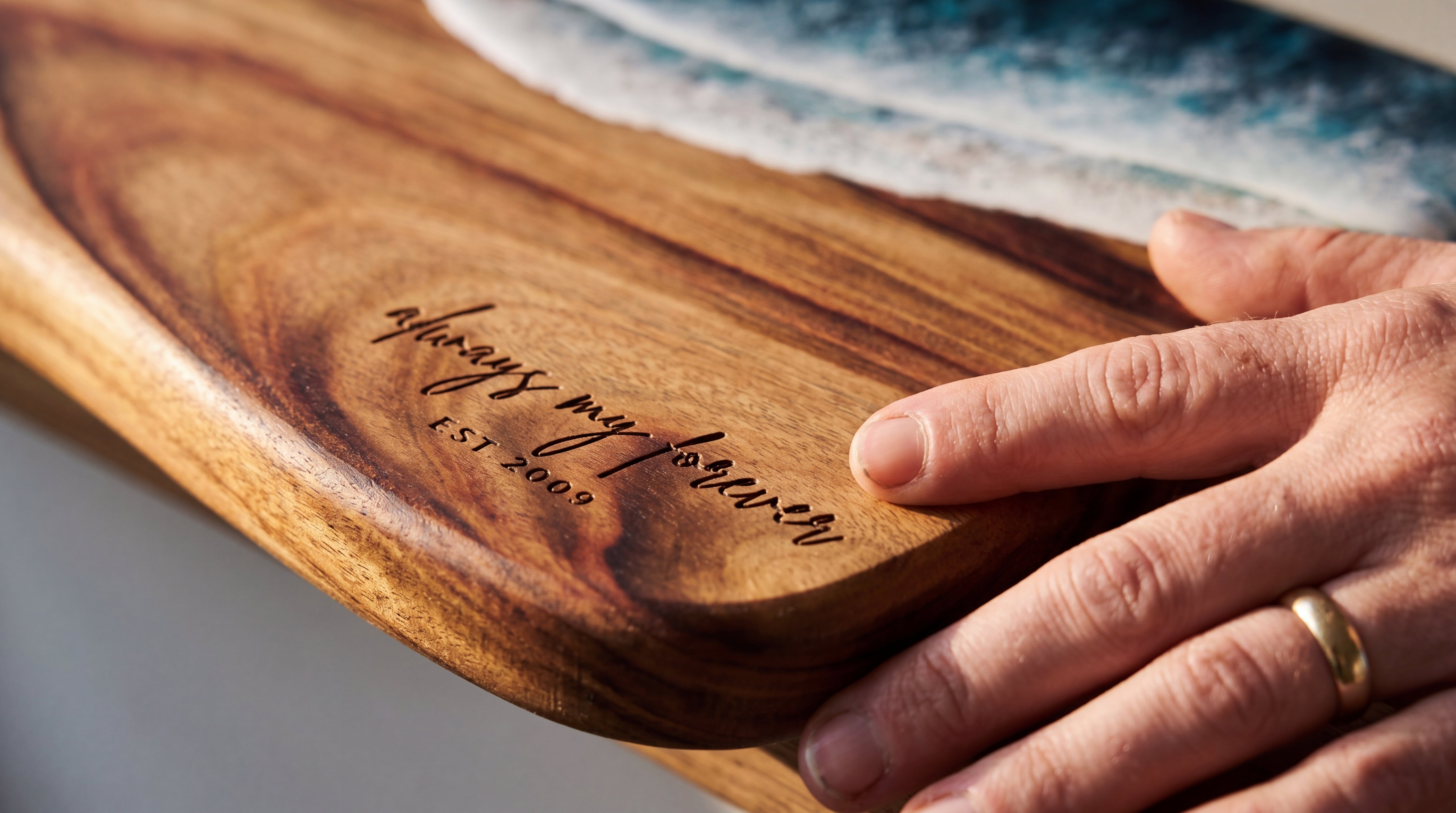 Macro engraving close-up: 'always my forever est. 2009' on Camphor Laurel timber with hand and gold wedding band
