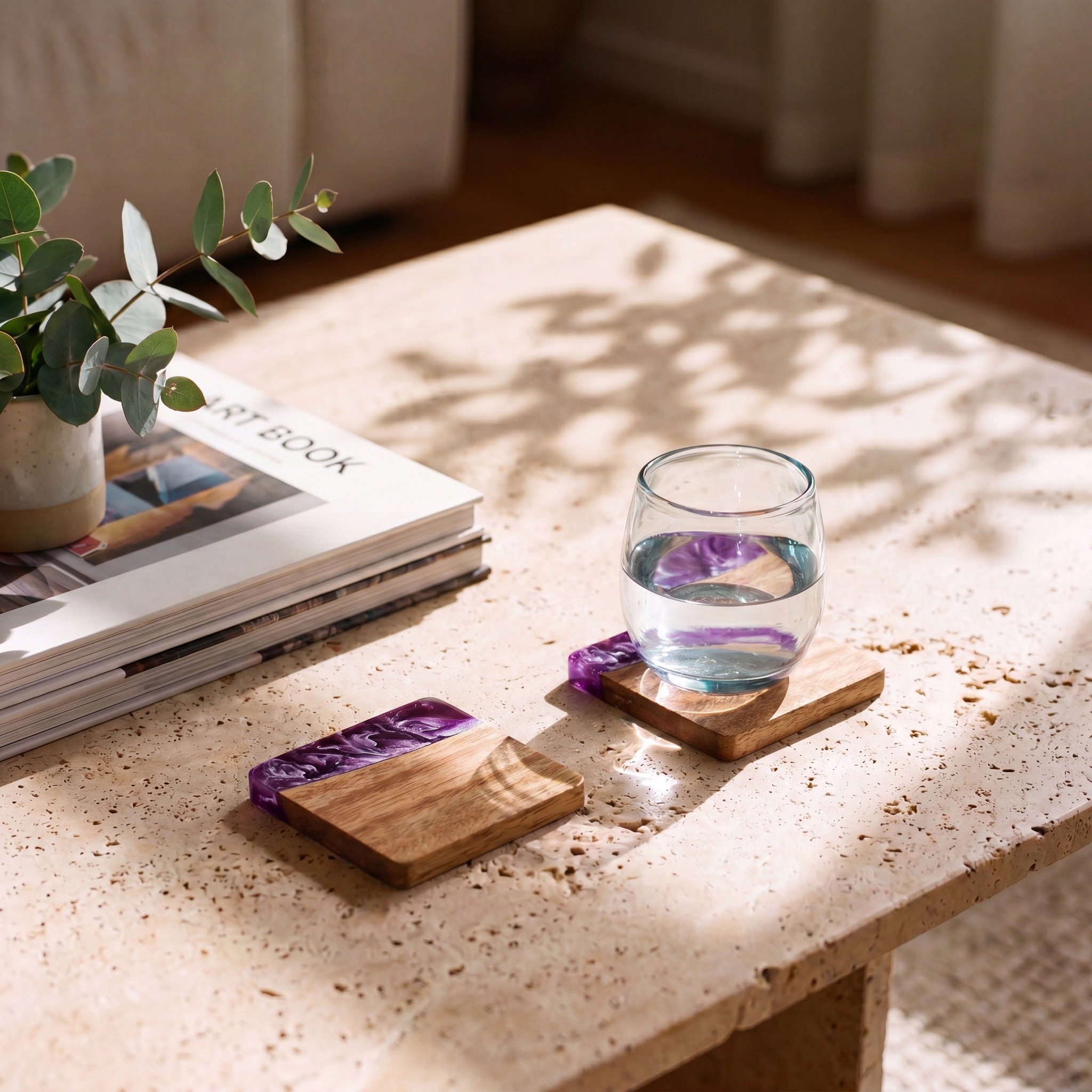 Lilac resin and wood coasters on a coffee table