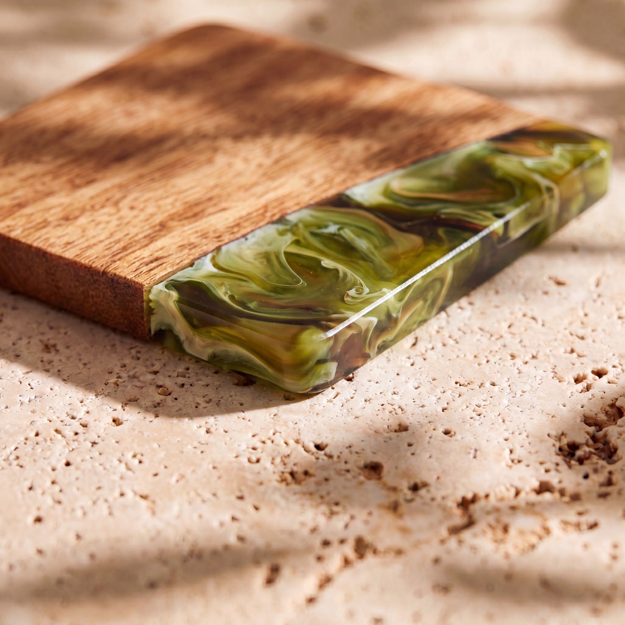 Sage Green close up of the resin on a wood coaster