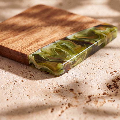 Sage Green close up of the resin on a wood coaster