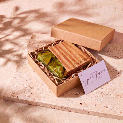 Sage Green resin and wood coasters in a gift box