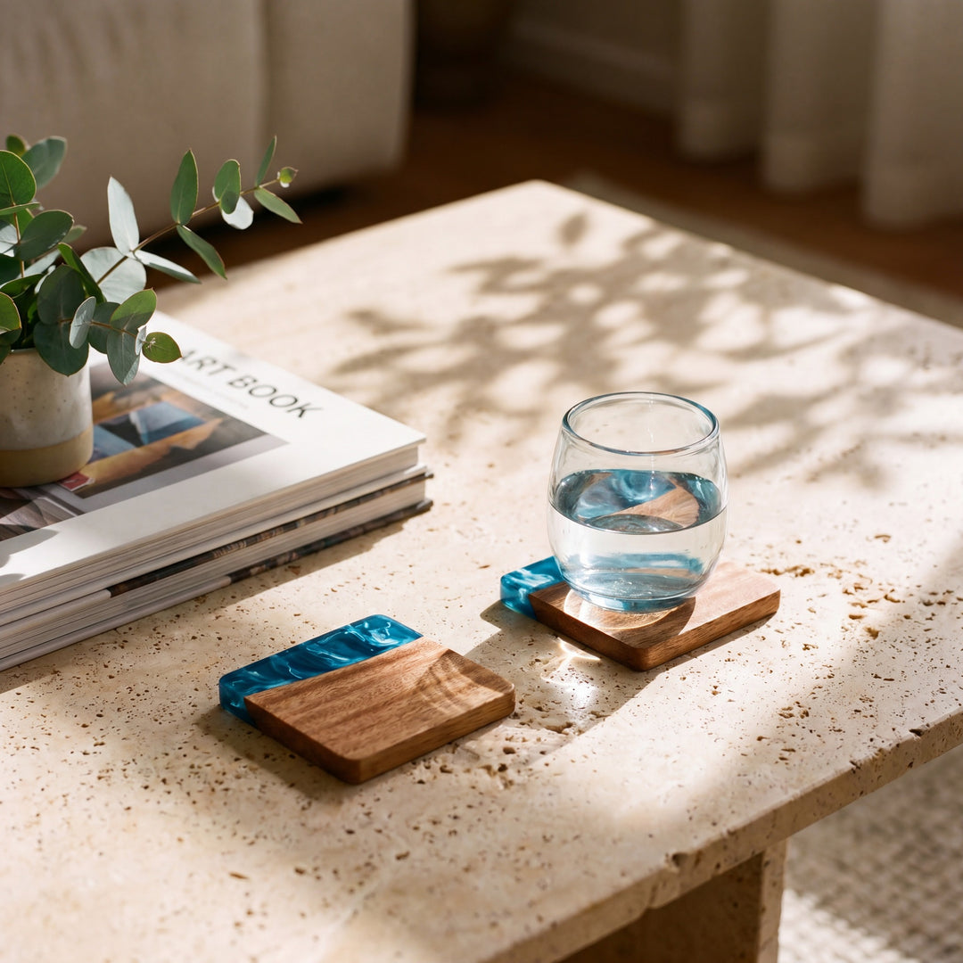 Seascape resin and wood coasters on a coffee table#colour_seascape