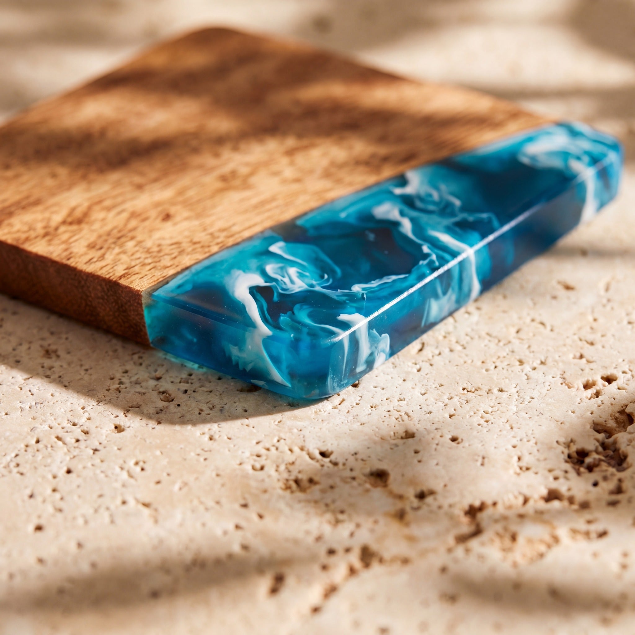 Seascape close up of the resin on a wood coaster