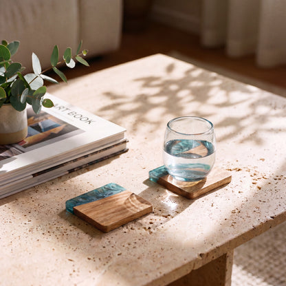 Slate resin and wood coasters on a coffee table