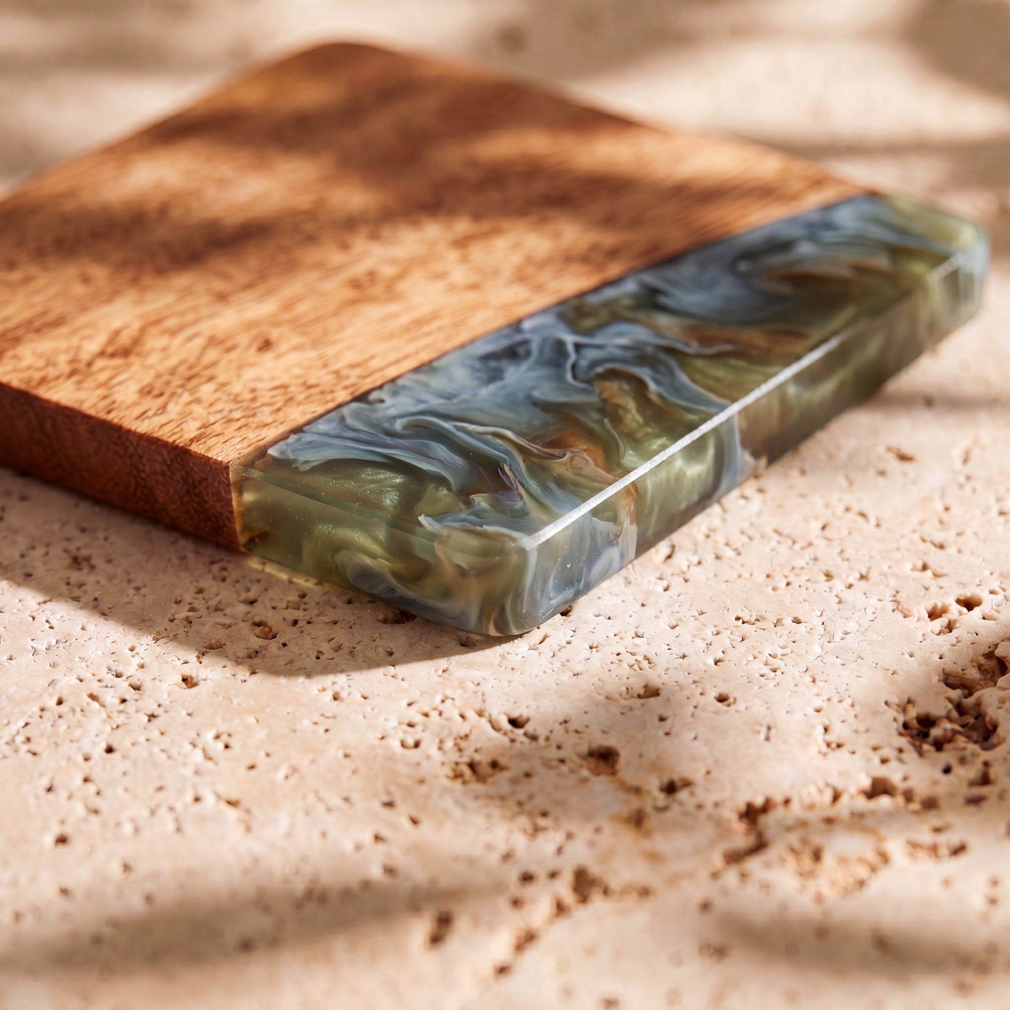 Slate close up of the resin on a wood coaster